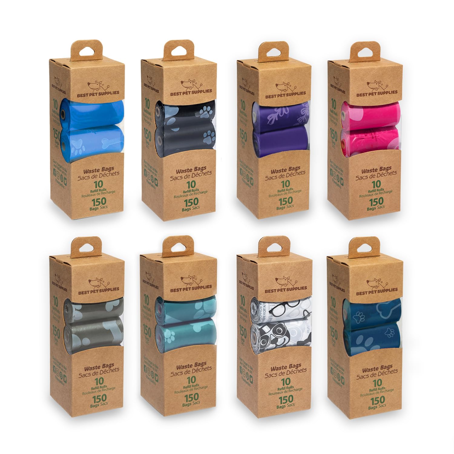 Best Pet Supplies Dog Poop Bags (150 Bags) for Waste Refuse Cleanup, Doggy Roll Replacements for Outdoor Puppy Walking and Travel, Leak Proof and Tear Resistant, Thick Plastic - Assorted Colors