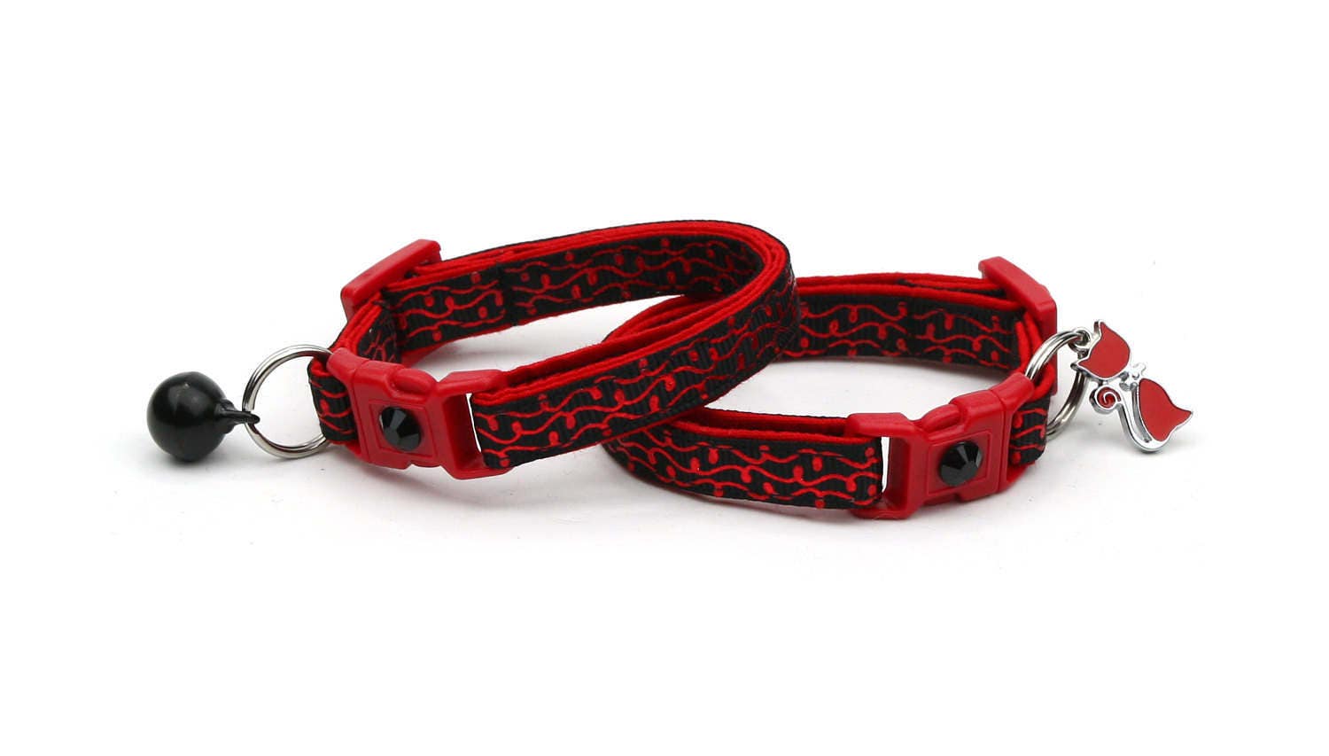 Shiny Red Squiggles on Black Cat Collar-2