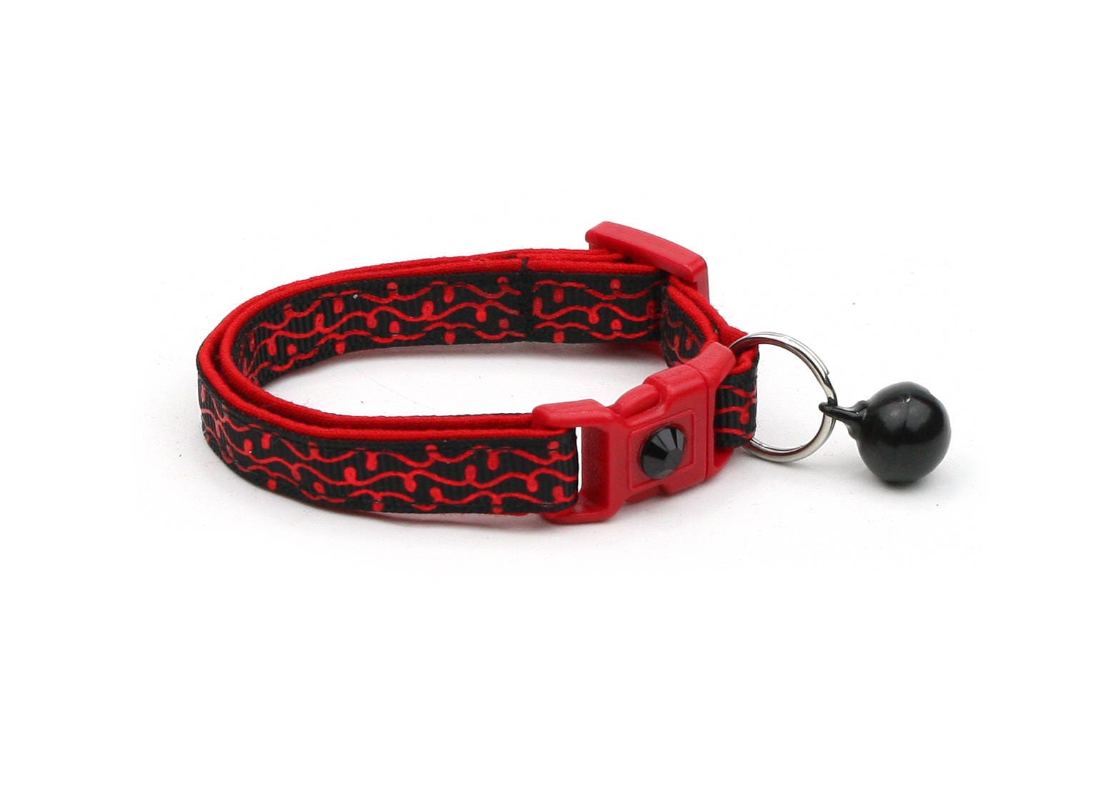 Shiny Red Squiggles on Black Cat Collar-0