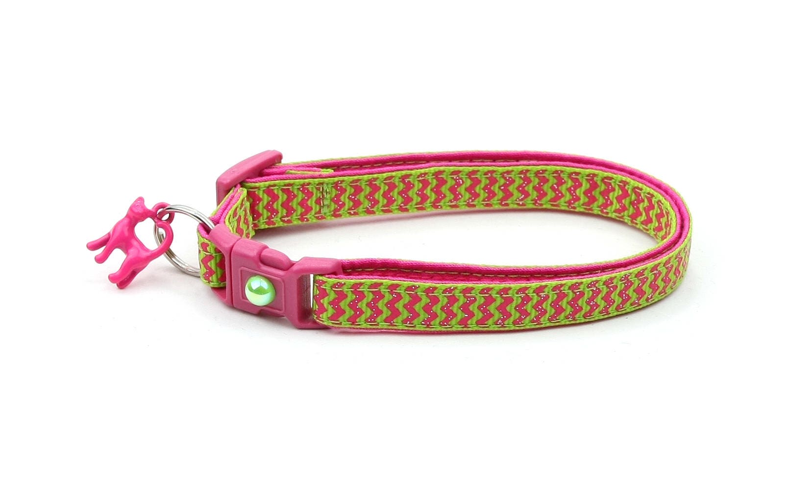 Pink Chevrons on Bright Green Cat Collar-2