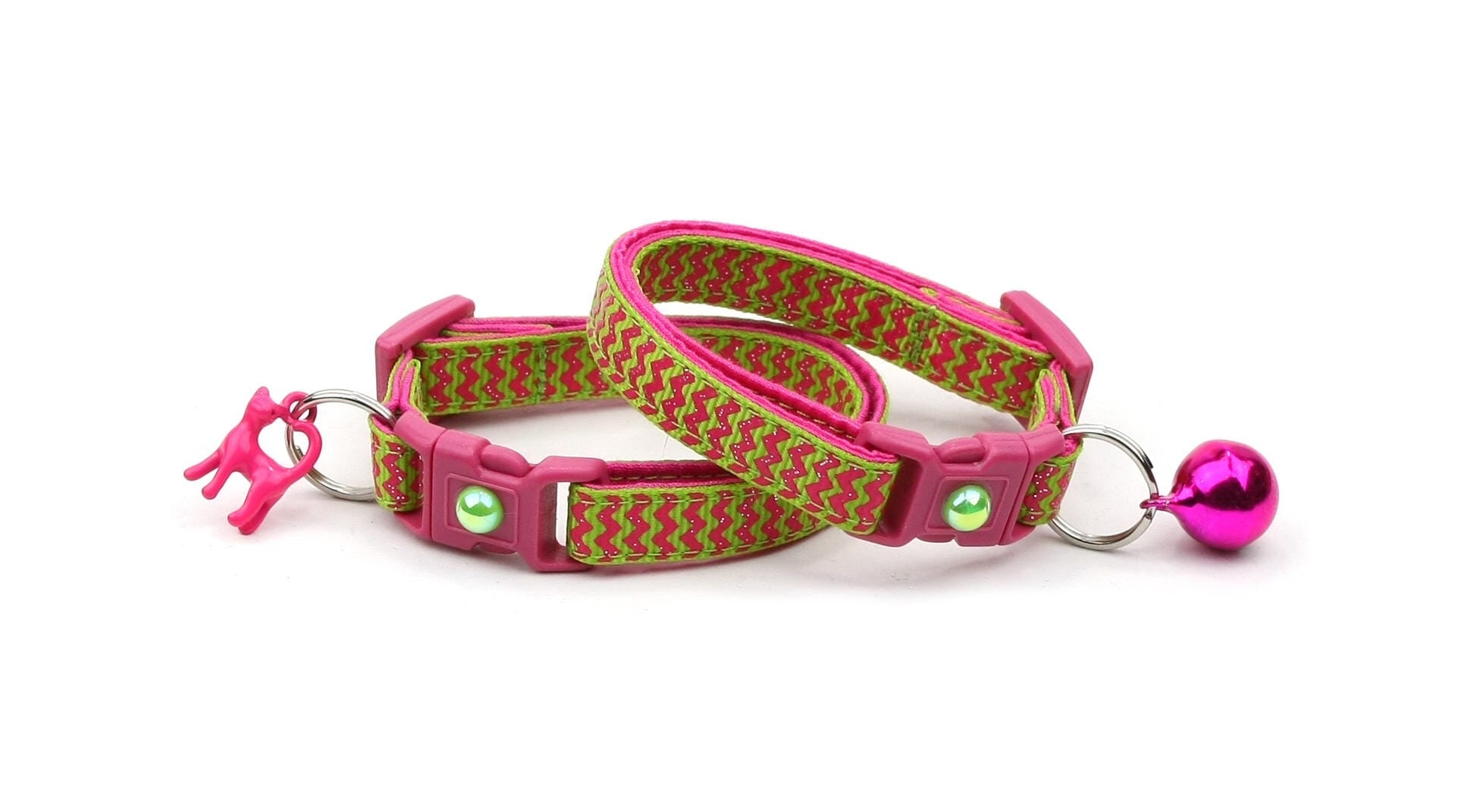 Pink Chevrons on Bright Green Cat Collar-4
