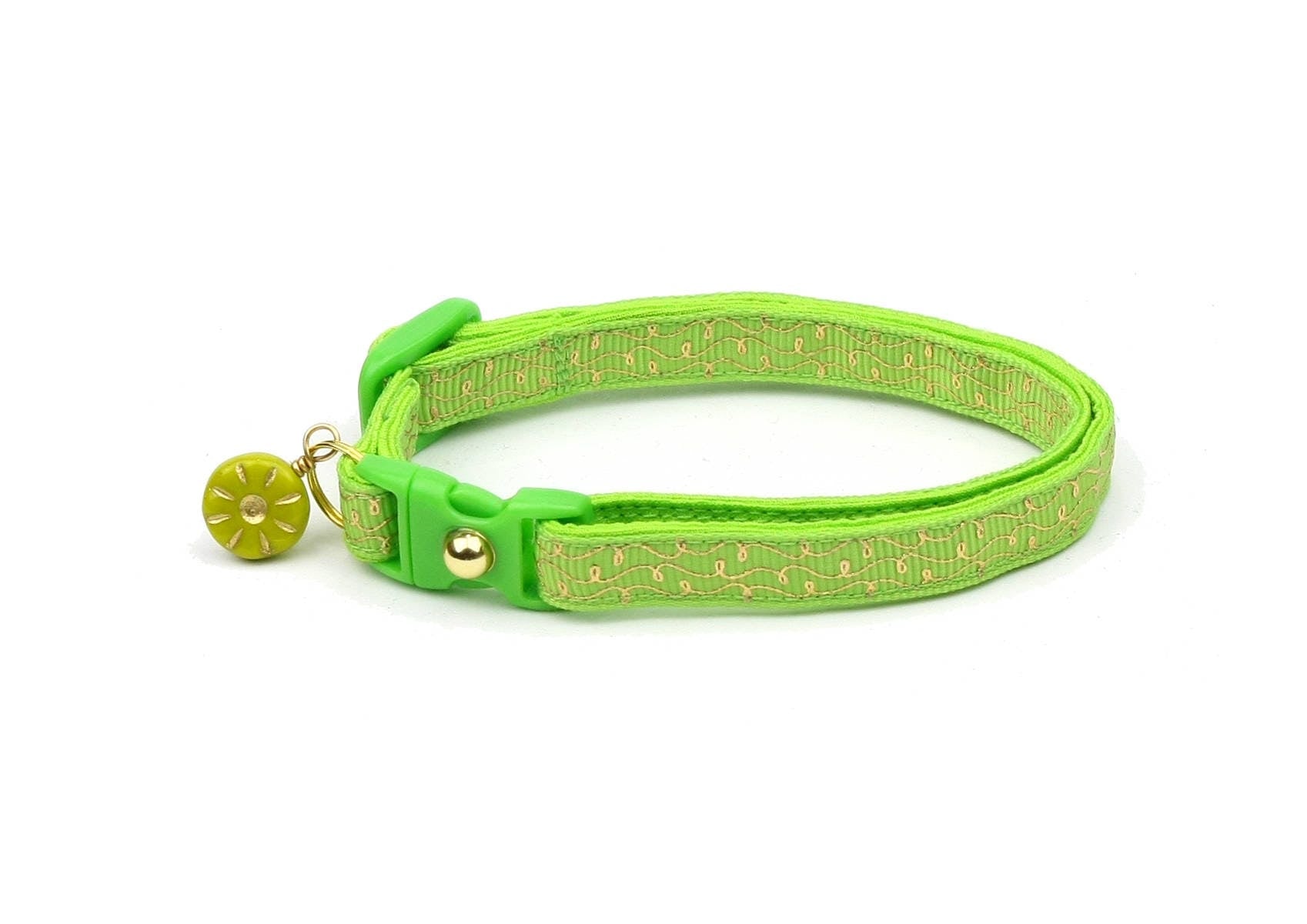 Gold Squiggles on Bright Green Cat Collar-3