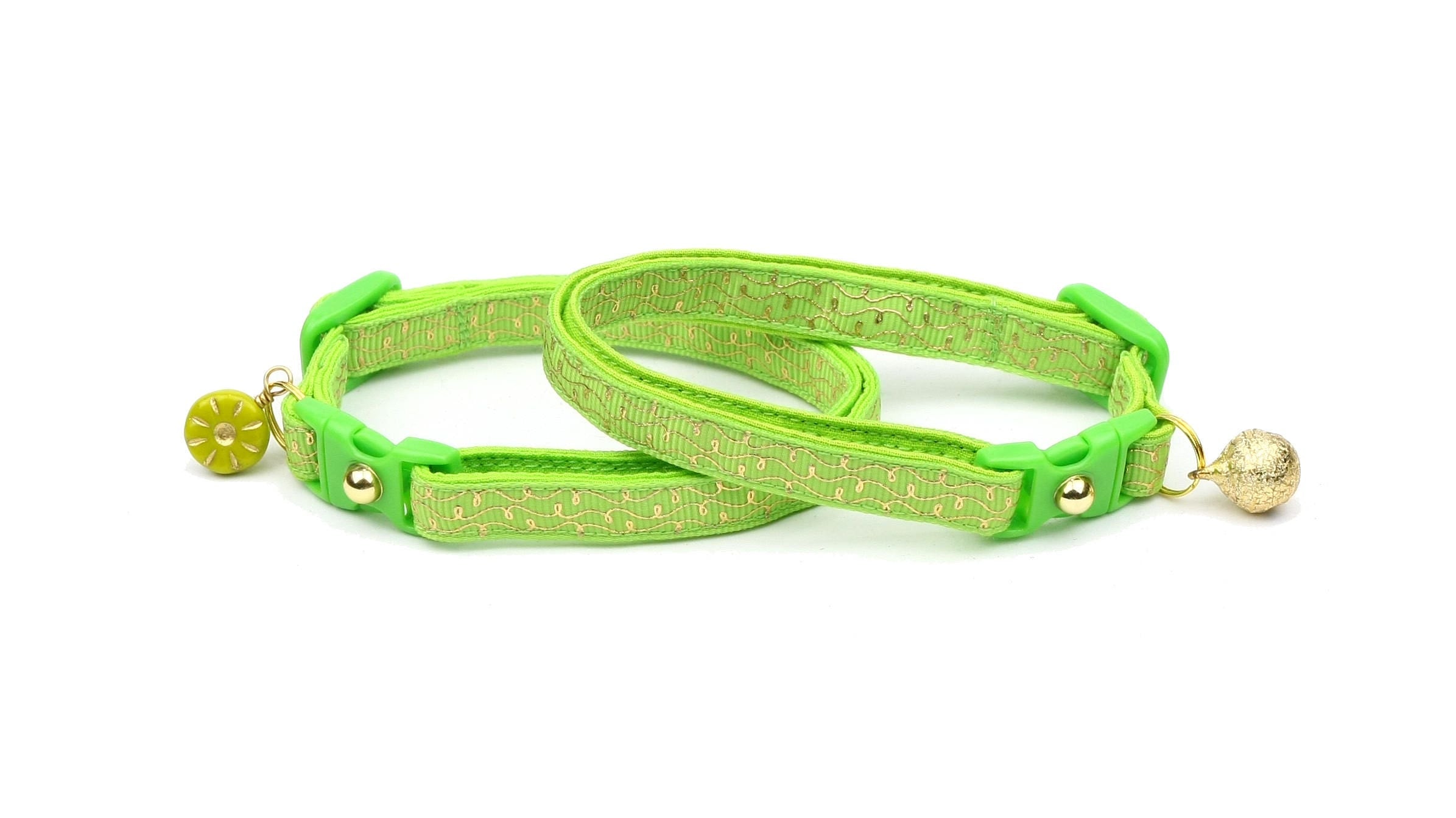 Gold Squiggles on Bright Green Cat Collar-4