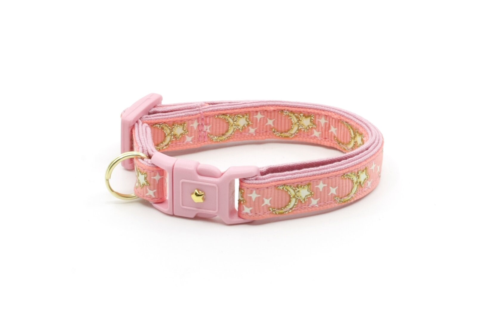 Gold Moons and Stars on Coral Pink Cat Collar-4