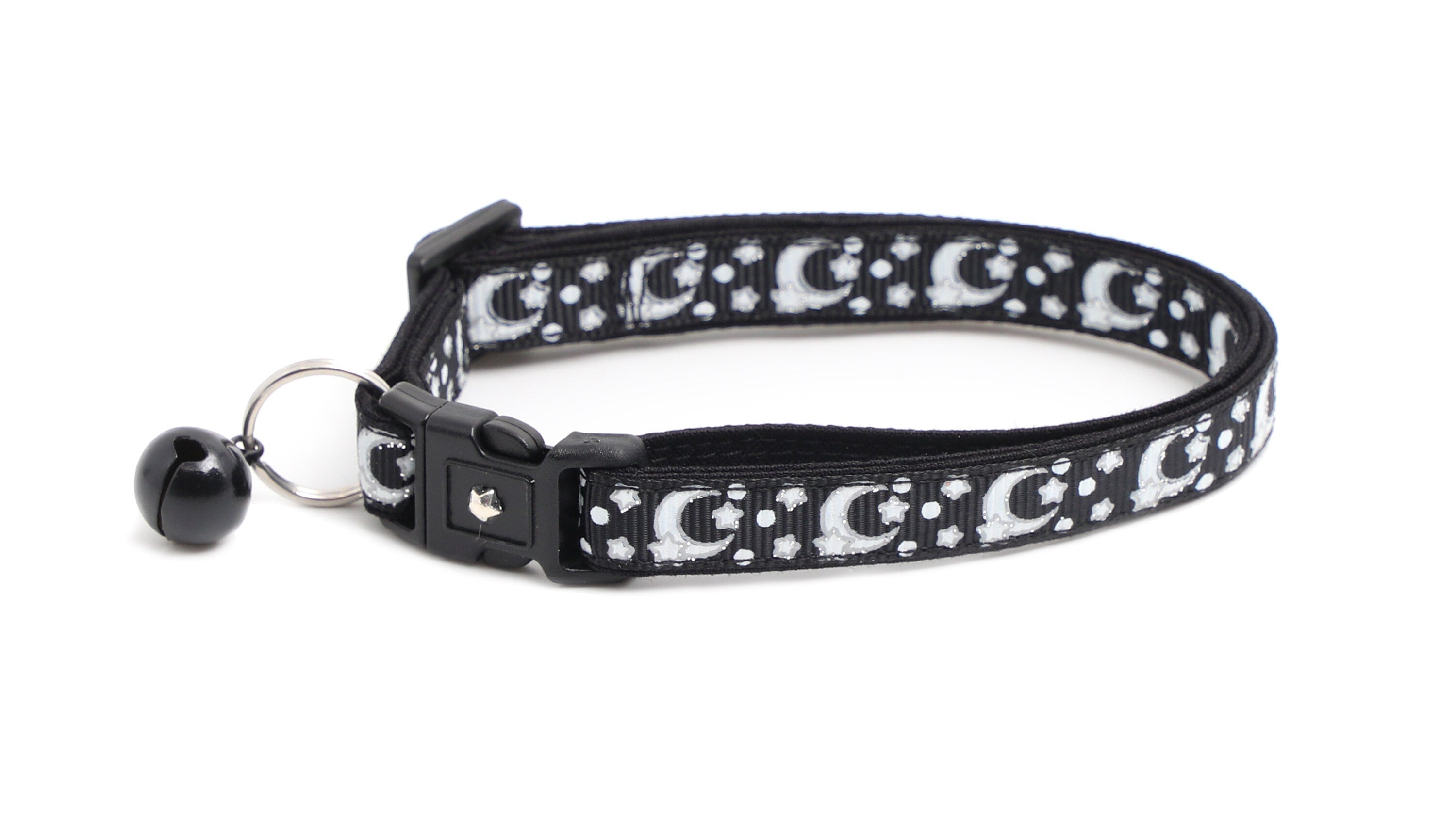 Silver Moons and Stars on Black Cat Collar-3