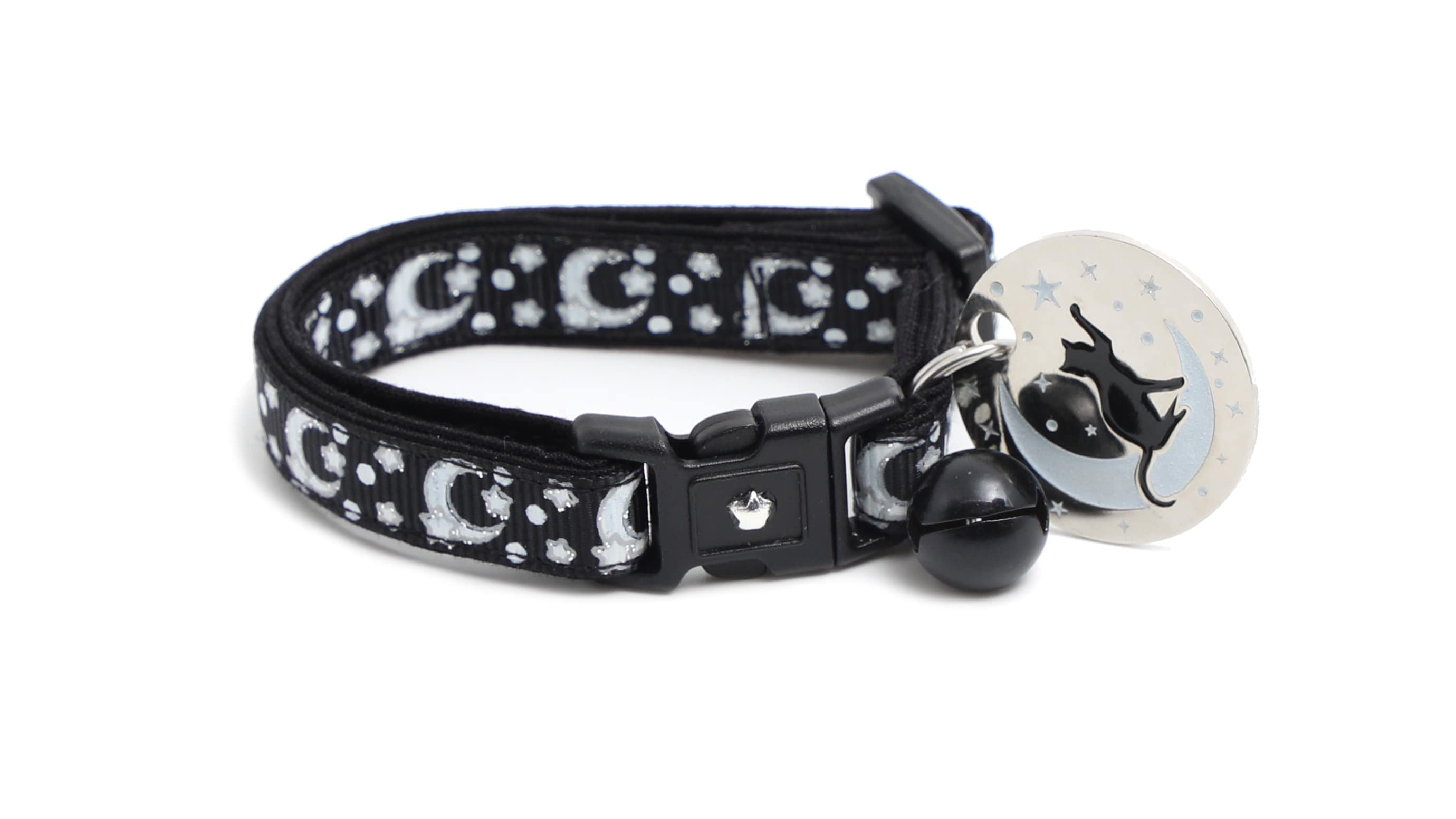 Silver Moons and Stars on Black Cat Collar-5