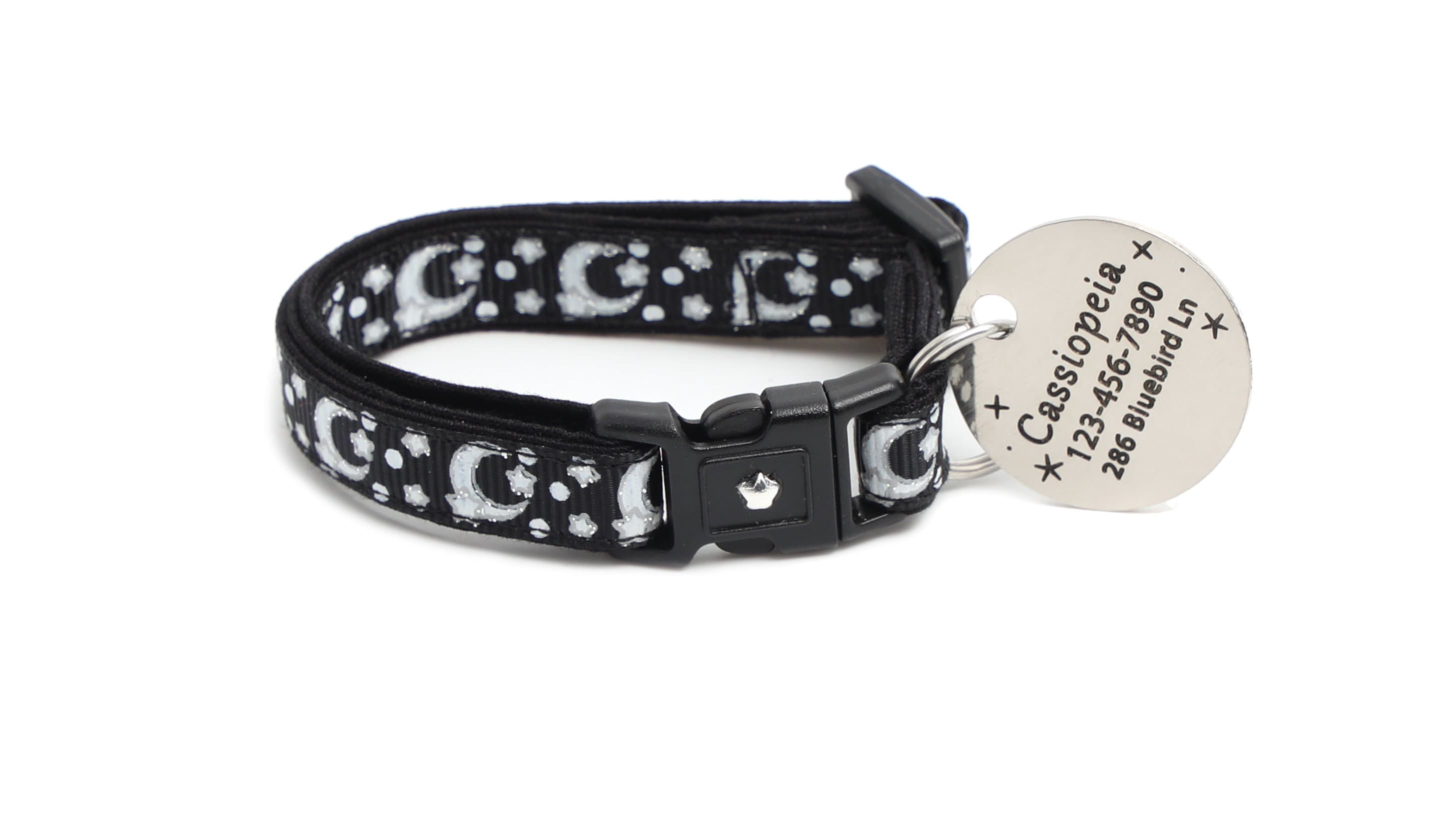 Silver Moons and Stars on Black Cat Collar-7