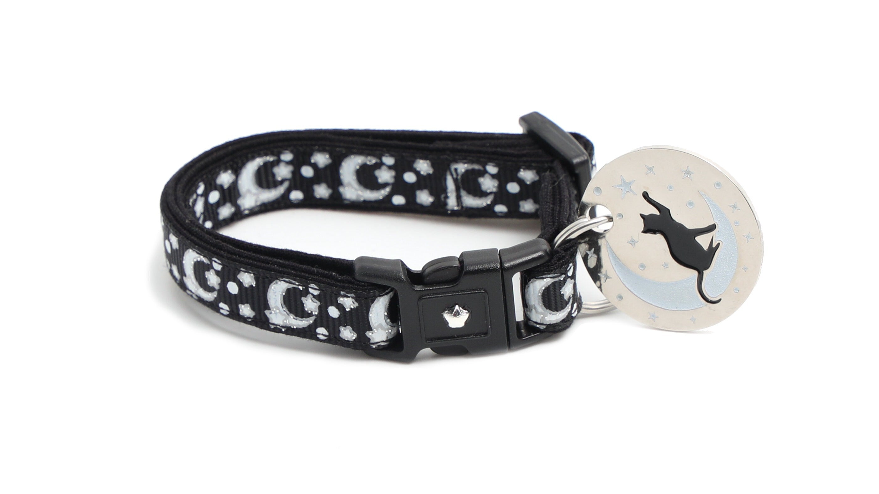 Silver Moons and Stars on Black Cat Collar-1