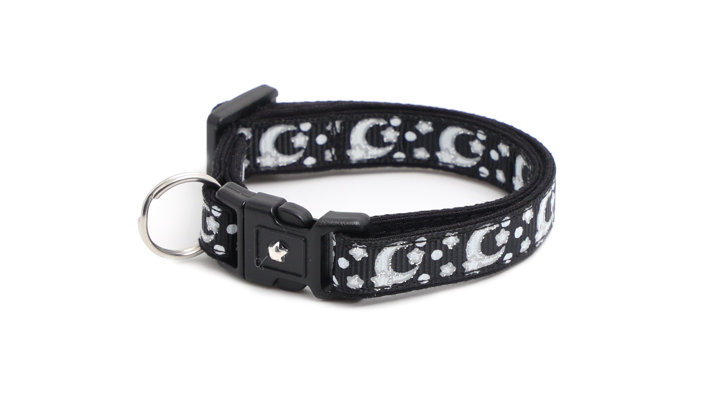 Silver Moons and Stars on Black Cat Collar-8
