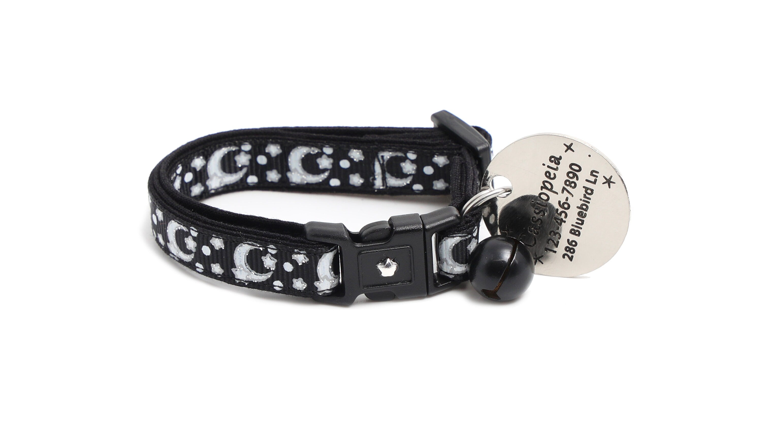 Silver Moons and Stars on Black Cat Collar-6