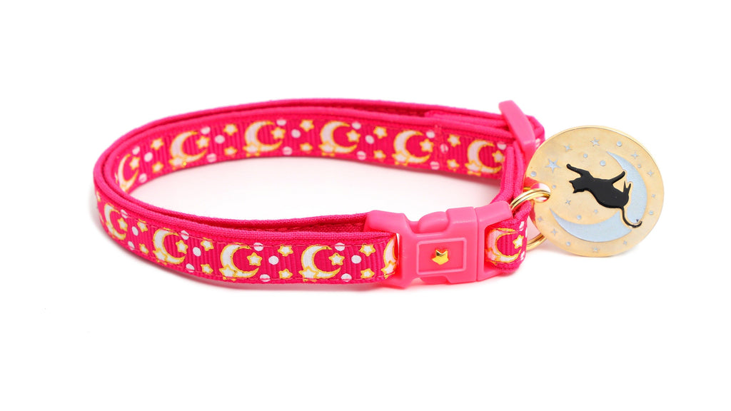 Gold Moons and Stars on Hot Pink Cat Collar-4