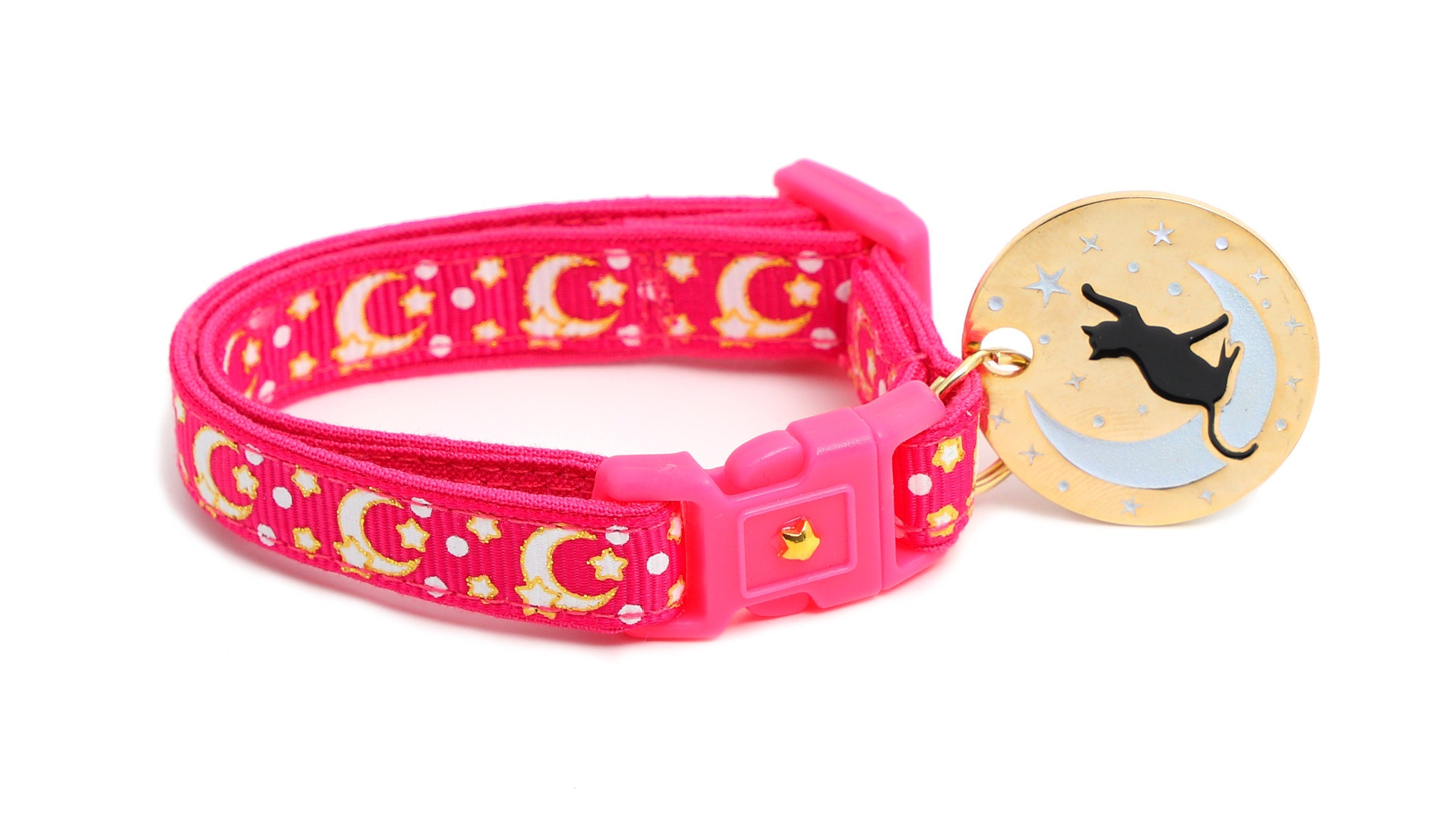 Gold Moons and Stars on Hot Pink Cat Collar-1