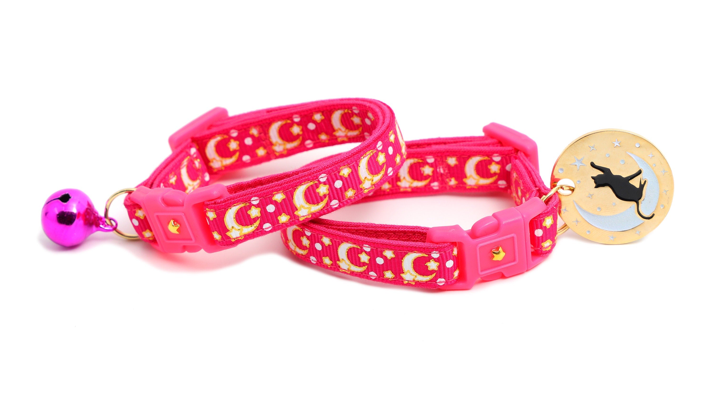 Gold Moons and Stars on Hot Pink Cat Collar-2