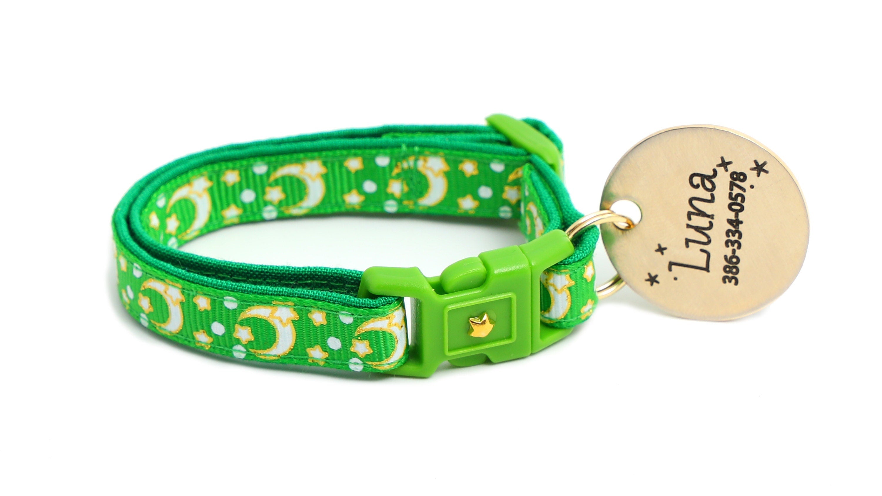 Gold Moons and Stars on Kelly Green Cat Collar-6