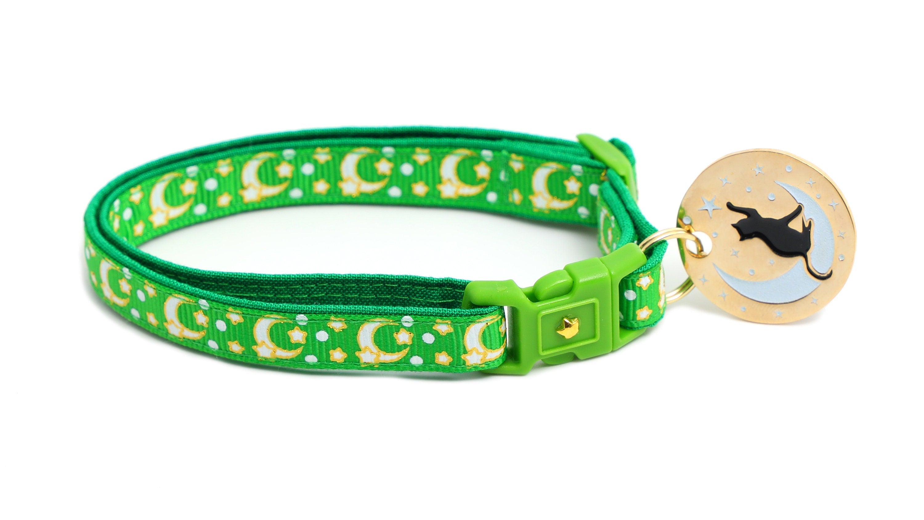 Gold Moons and Stars on Kelly Green Cat Collar-4