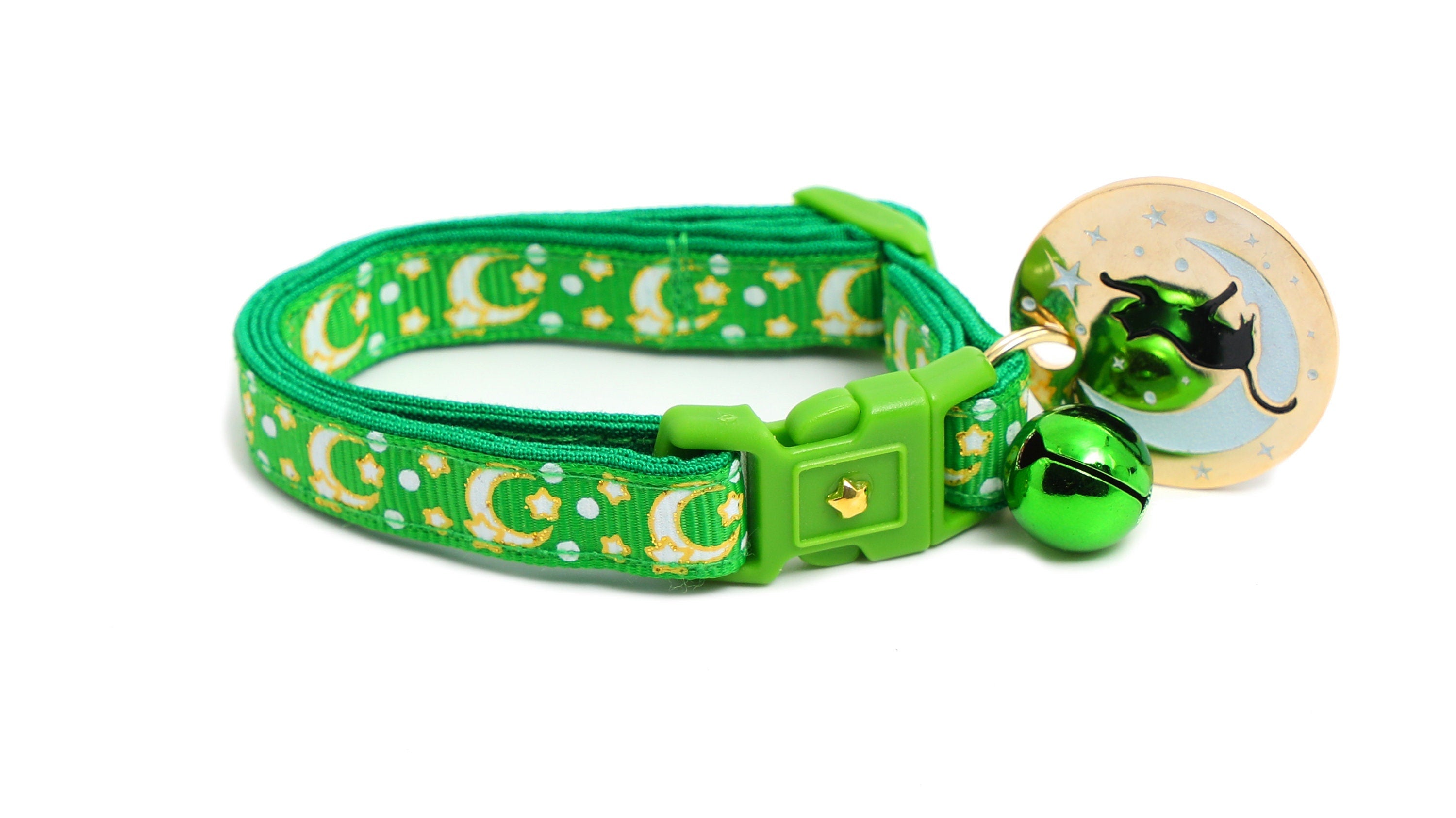 Gold Moons and Stars on Kelly Green Cat Collar-5