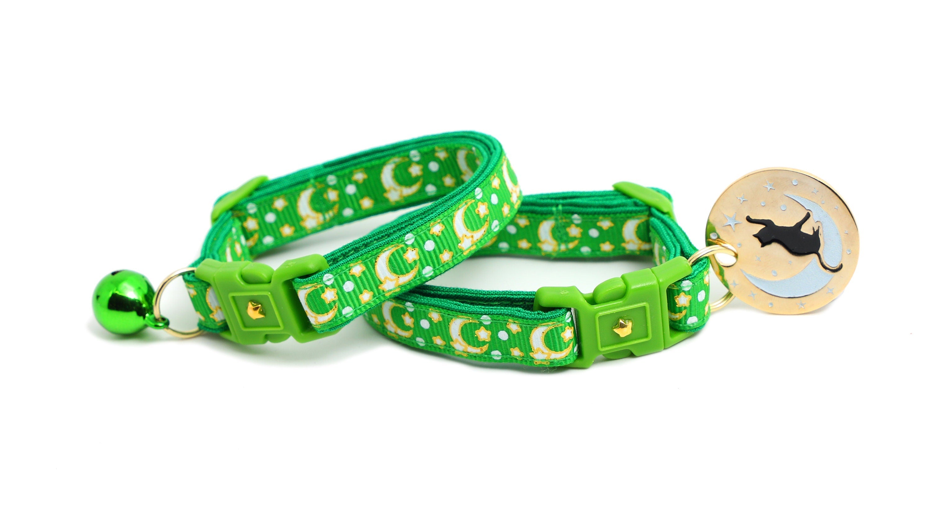 Gold Moons and Stars on Kelly Green Cat Collar-2