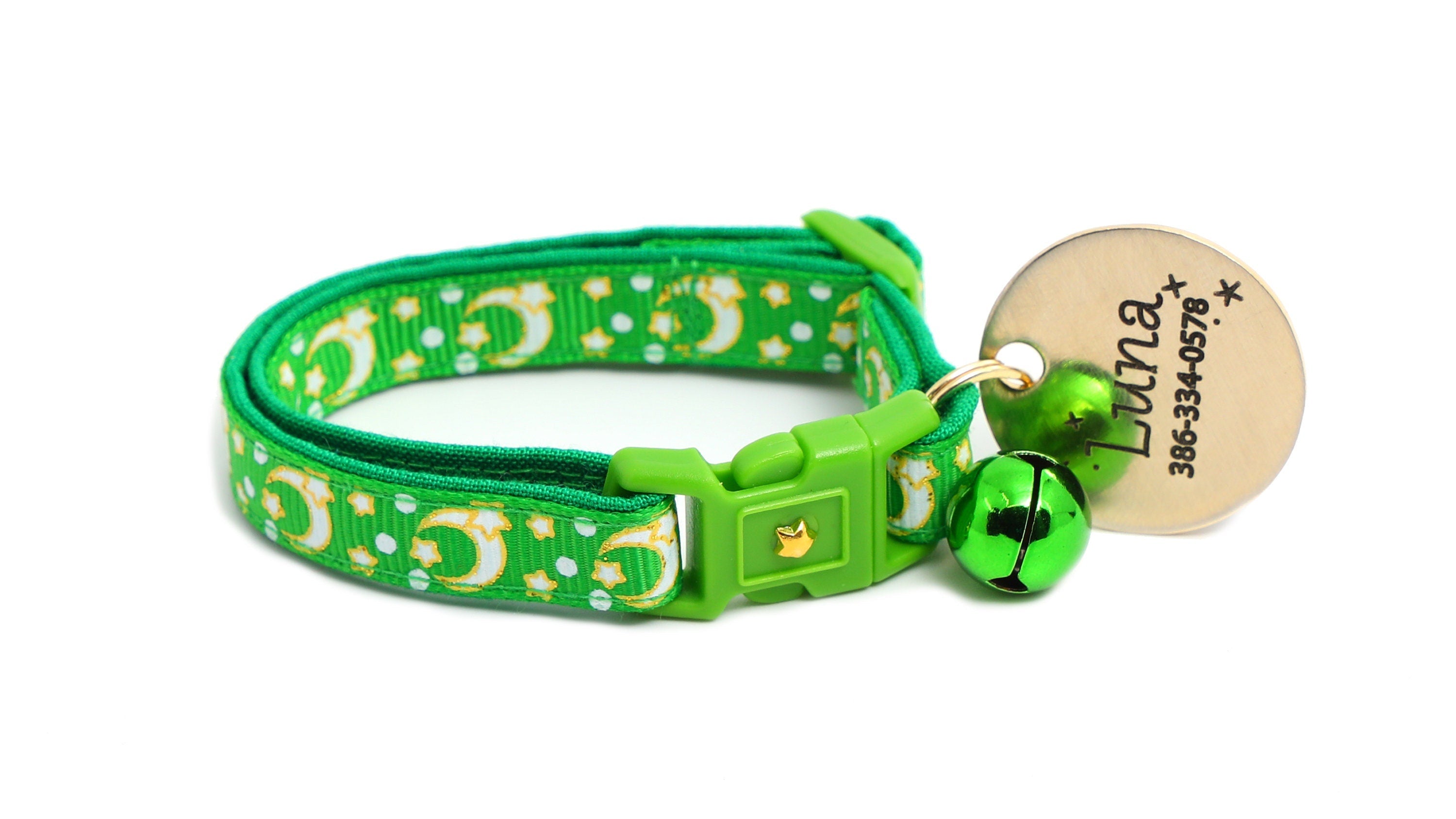 Gold Moons and Stars on Kelly Green Cat Collar-7